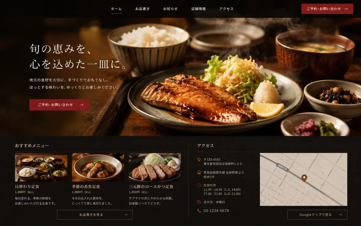 飲食店のサイト制作イメージ(サンプル)